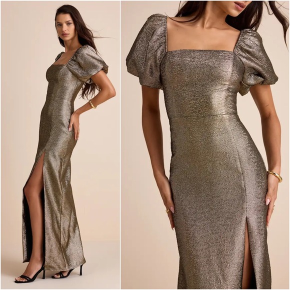 Lulus Celestina Bronze Lurex Puff Sleeve Mermaid Maxi Dress Gold - Size XL NEW - Picture 2 of 9